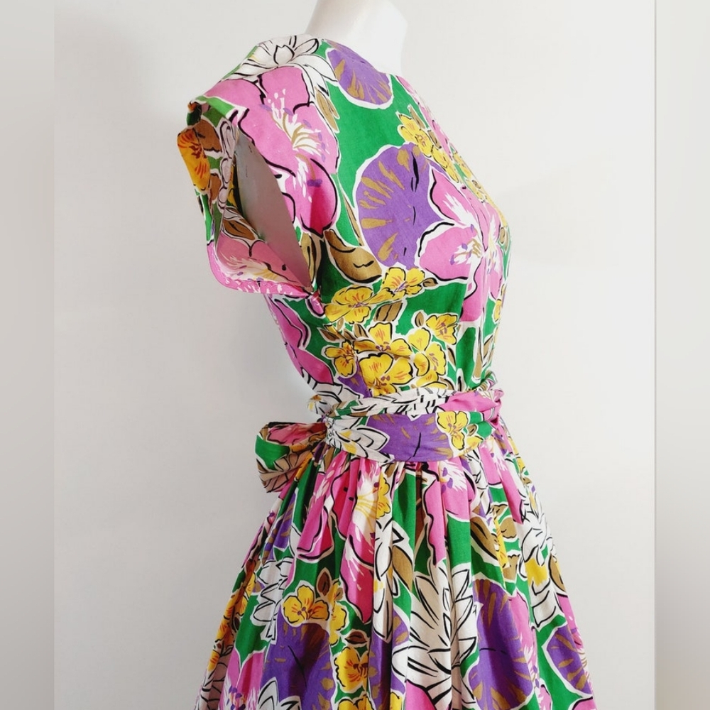 Vibrant Vintage 50s floral dress cotton handmade tropical dress - Picture 5 of 10